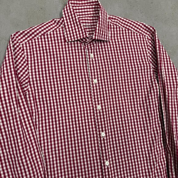 Van Laack Dress Shirt Red White Check Long Sleeve Button Up Cotton Large - Picture 2 of 7